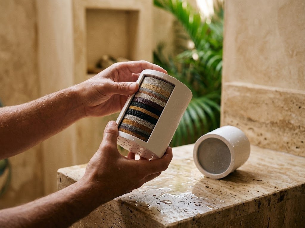 Hands holding a replacement filter cartridge with layered filtration media