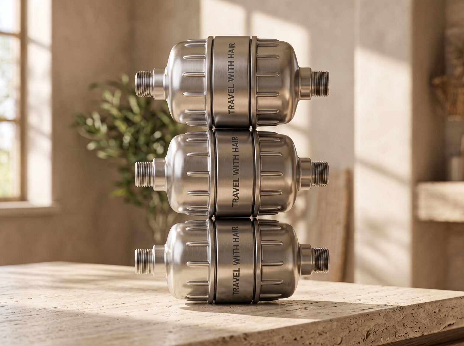 Three Travel With Hair shower filters stacked on a stone counter in warm window light